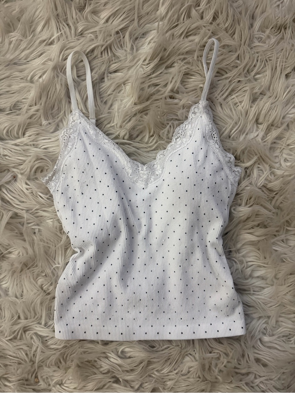 White Padded Lace-Trim Polka Dot Cami Tank Top